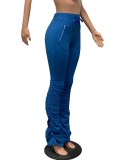 Women Spring Blue High Waist Drawstring Solid Zippers Full Length Regular Sweatpants