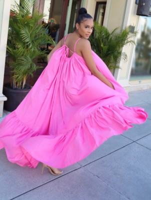 Women Summer Pink Strap Solid Color Boho Swing Long Maxi Dress