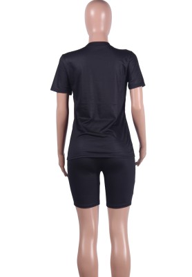 Women Summer Black Casual O-Neck Short Sleeves High Waist Letter Print Sequined Regular Two Piece Shorts Set