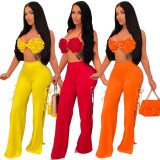 Women Summer Orange Sexy Halter Sleeveless High Waist Solid Lace Up Regular Two Piece Pants Set