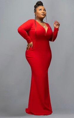 Women Spring Red Modest V-neck Full Sleeves Solid Maxi Mermaid Plus Size Long Dress