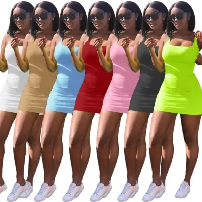Women Summer Red Casual Sleeveless Solid Mini Bodycon Dress