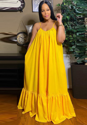Women Summer Yellow Strap Solid Color Boho Swing Long Maxi Dress