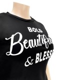 Women Summer Black Casual O-Neck Half Sleeves Letter Print Midi Loose Plus Size Shirt Dress