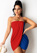 Women Summer Red Sexy Strapless Sleeveless Color Blocking Mini Loose Club Dress