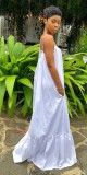 Women Summer White Strap Solid Color Boho Swing Long Maxi Dress