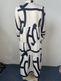 Women Spring White Sweet O-Neck Full Sleeves Striped Print Midi Loose Plus Size Casual Dress