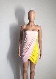 Women Summer Pink Sexy Strapless Color Blocking Mini Loose Club Dress