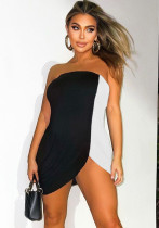 Women Summer Black Sexy Strapless Sleeveless Color Blocking Mini Asymmetrical Club Dress