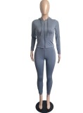 Women Spring Grey Sports Hooded Full Sleeves High Waist Solid Pockets Regular Two Piece Pants Set