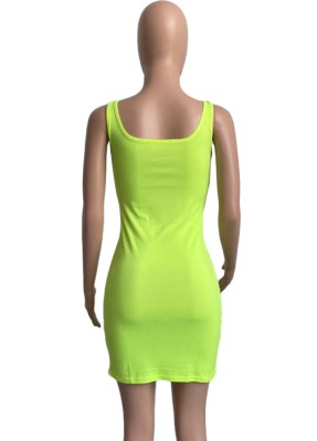 Women Summer Green Casual Sleeveless Solid Mini Bodycon Dress