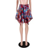 Women Summer Printed Preppy Style High Waist Plaid Print Belted Midi Asymmetrical Skirts