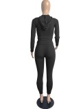 Women Spring Black Sports Hooded Full Sleeves High Waist Solid Pockets Regular Two Piece Pants Set