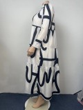 Women Spring White Sweet O-Neck Full Sleeves Striped Print Midi Loose Plus Size Casual Dress