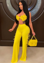 Women Summer Yellow Sexy Halter Sleeveless High Waist Solid Lace Up Regular Two Piece Pants Set