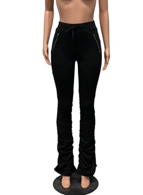 Women Spring Black High Waist Drawstring Solid Zippers Full Length Regular Sweatpants