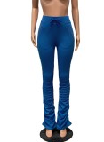 Women Spring Blue High Waist Drawstring Solid Zippers Full Length Regular Sweatpants