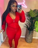 Women Spring Red Sports Hooded Full Sleeves High Waist Solid Pockets Regular Two Piece Pants Set