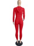 Women Spring Red Sports Hooded Full Sleeves High Waist Solid Pockets Regular Two Piece Pants Set