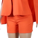 Women Spring Orange Formal Full Sleeves High Waist Solid Ripped Regular Two Piece Shorts Set