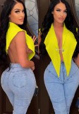 Women Summer Yellow Sexy Turn-down Collar Sleeveless Solid Regular Shirt