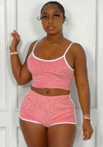 Women Summer Pink Casual Halter Sleeveless High Waist Solid Regular Two Piece Shorts Set