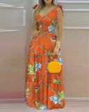 Women Summer Printed V-neck Sleeveless Floral Print Lace Up Maxi Dress