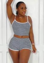 Women Summer Grey Casual Halter Sleeveless High Waist Solid Regular Two Piece Shorts Set