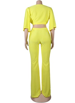 Women Spring Yellow Modest V-neck Half Sleeves High Waist Solid Belted Regular Two Piece Pants Set