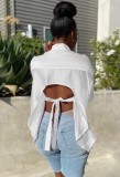 Women Summer White Sexy Turn-down Collar Full Sleeves Solid Lace Up Regular Blouse