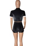 Women Summer Black Modest Short Sleeves High Waist Color Blocking Velvet Regular Two Piece Shorts Set