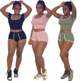 Women Summer Black Casual O-Neck Short Sleeves High Waist Solid Regular Two Piece Shorts Set