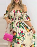 Women Summer Printed Vintage Off-the-shoulder Short Sleeves Floral Print Ruffles Maxi Dress