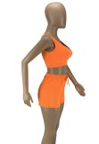 Women Summer Orange Casual Halter Sleeveless High Waist Solid Regular Two Piece Shorts Set