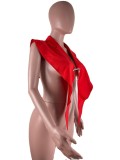 Women Summer Red Sexy Turn-down Collar Sleeveless Solid Regular Shirt