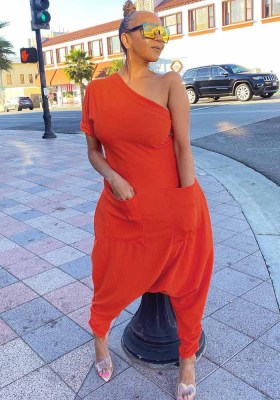 Women Summer Orange Casual Slash Neck Short Sleeves Solid Pockets Full Length Loose Jumpsuit