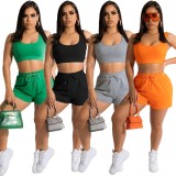Women Summer Orange Casual Halter Sleeveless High Waist Solid Regular Two Piece Shorts Set