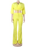Women Spring Yellow Modest V-neck Half Sleeves High Waist Solid Belted Regular Two Piece Pants Set