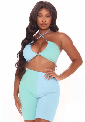 Women Summer Color Blocking Sexy Halter Sleeveless High Waist Color Blocking Regular Two Piece Shorts Set