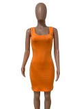 Women Summer Orange Casual Halter Sleeveless Solid Mini Pencil Tank Dress