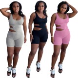 Women Summer Pink Casual Halter Sleeveless Solid Hollow Out Above Knee Regular Ribbed Rompers