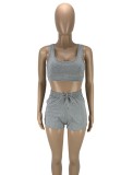 Women Summer Grey Casual Halter Sleeveless High Waist Solid Regular Two Piece Shorts Set