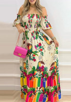 Women Summer Printed Vintage Off-the-shoulder Short Sleeves Floral Print Ruffles Maxi Dress