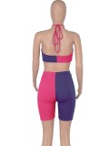 Women Summer Color Blocking Sexy Halter Sleeveless High Waist Color Blocking Regular Two Piece Shorts Set