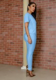 Women Blue Casual O-Neck Short Sleeves High Waist Solid Pockets Regular Two Piece Pants Set