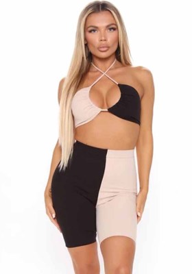 Women Summer Color Blocking Sexy Halter Sleeveless High Waist Color Blocking Regular Two Piece Shorts Set