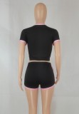 Women Summer Black Casual O-Neck Short Sleeves High Waist Striped Print Regular Two Piece Shorts Set