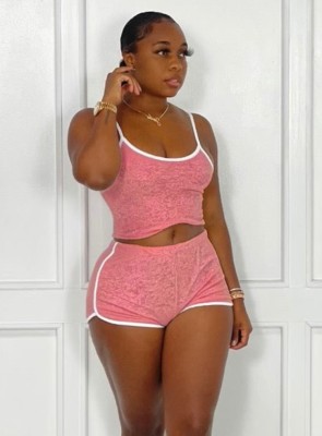 Women Summer Pink Casual Halter Sleeveless High Waist Solid Regular Two Piece Shorts Set