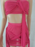 Women Summer Pink Vintage Halter Sleeveless High Waist Solid Lace Up Skinny MiniTwo Piece Skirt Set