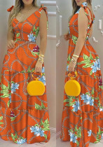 Women Summer Printed V-neck Sleeveless Floral Print Lace Up Maxi Dress